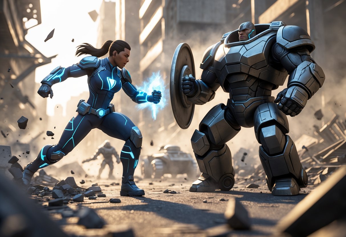A battle scene showing a Marvel Vanguard hero charging forward and a heavily-armoured Tank character standing firm on a ruined city battlefield.