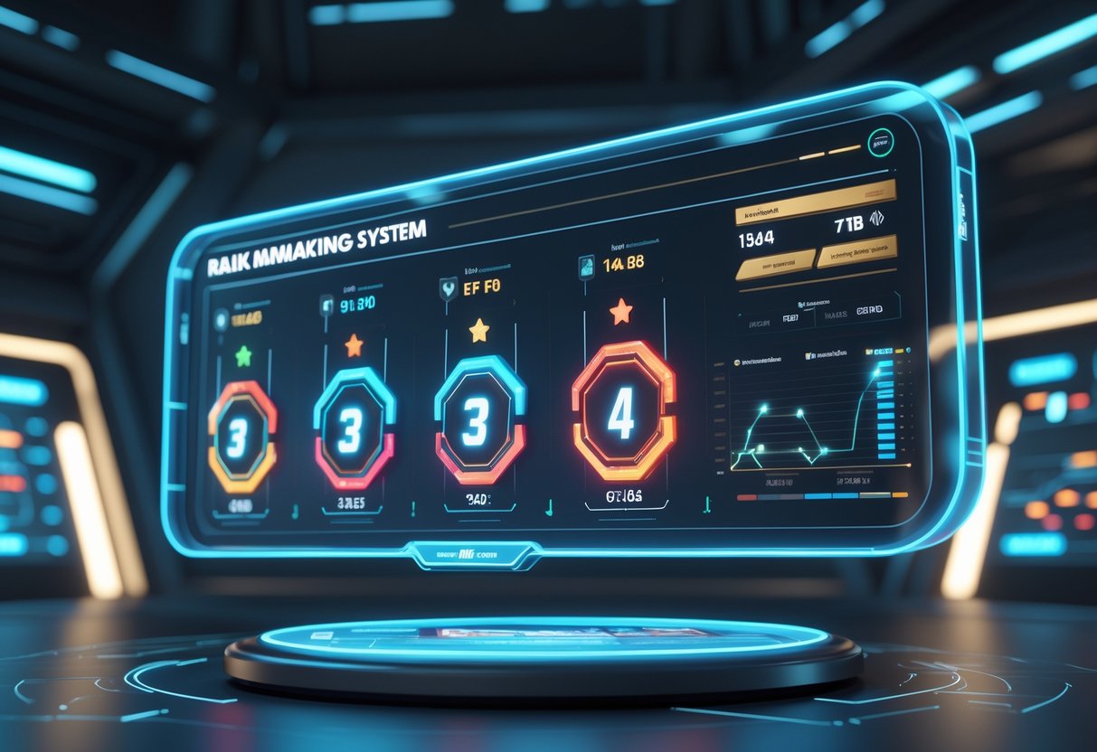 A futuristic 3D holographic display showing a Marvel Rivals matchmaking system with ranked tier icons and interconnected player statistics in a dark high-tech room.