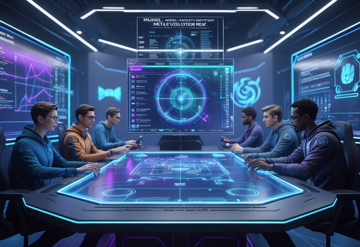 A futuristic command centre with people analysing holographic data and charts related to a Marvel-themed game competition.