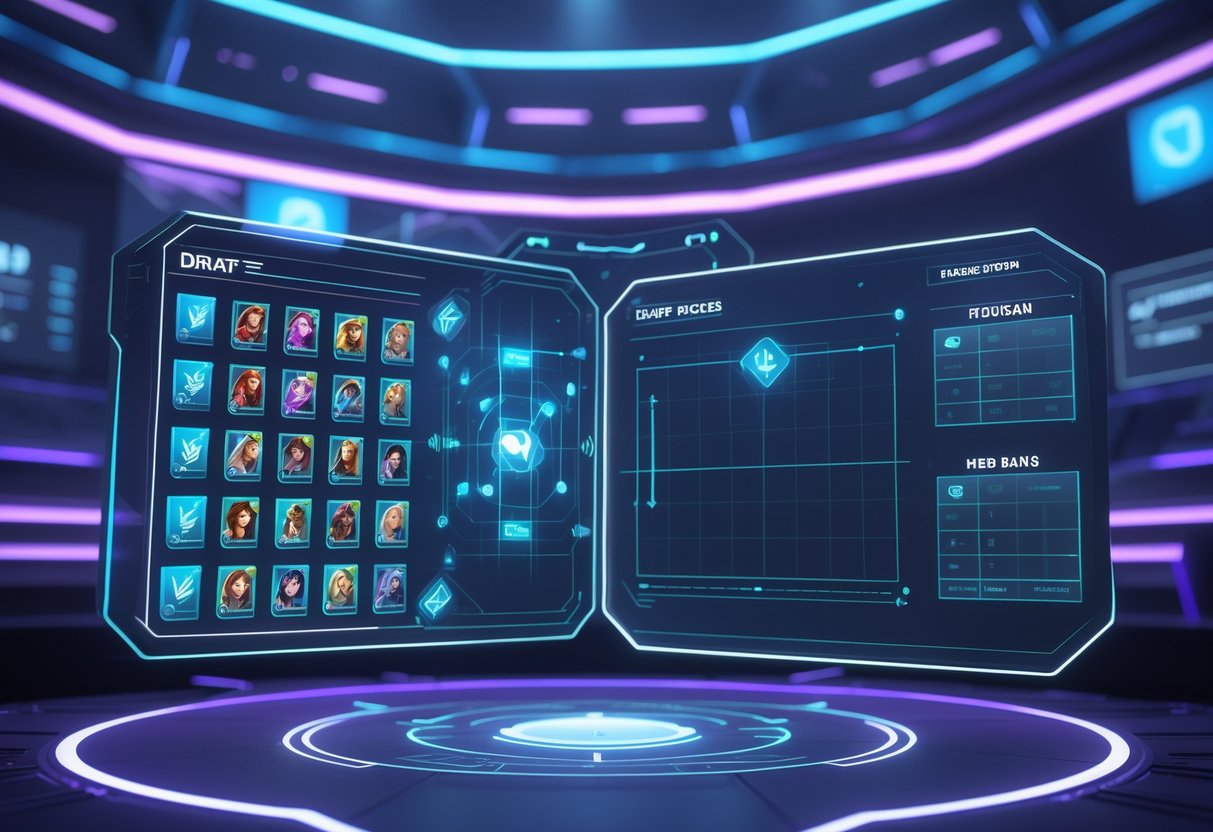A futuristic gaming interface showing a holographic display with hero icons, some marked as banned, and sections representing draft picks and player rankings in a high-tech arena.