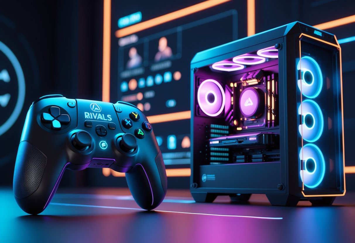 A 3D scene showing a Marvel Rivals game controller and a gaming PC tower facing each other with glowing lights and holographic game elements between them.