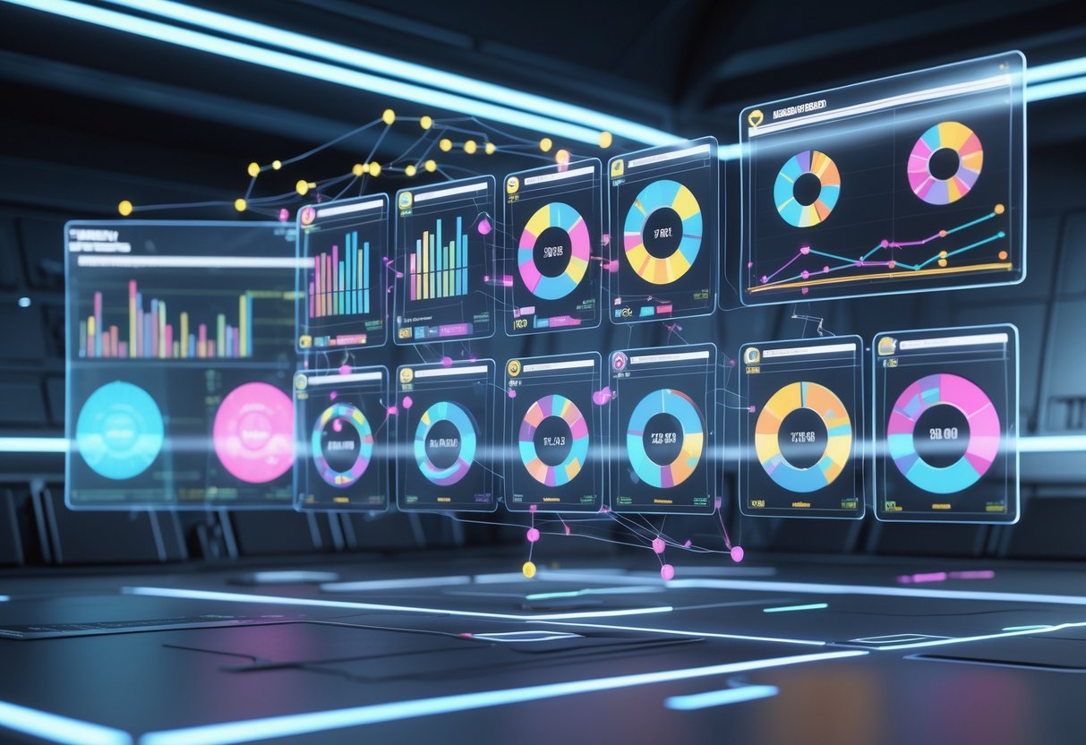 A futuristic digital dashboard showing holographic charts and grouped Marvel character icons representing team compositions and trends.