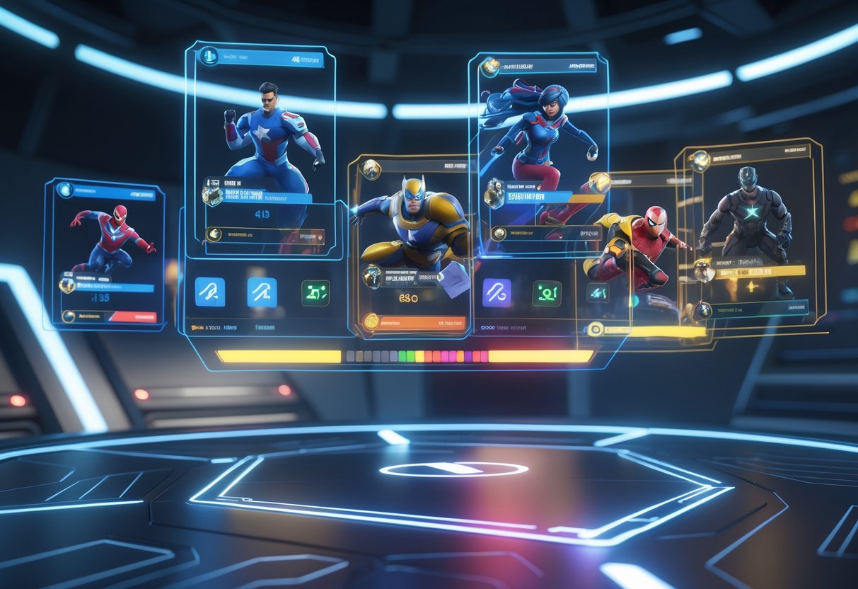 A futuristic digital interface showing holographic panels with Marvel character avatars and ranking bars in a high-tech control room.