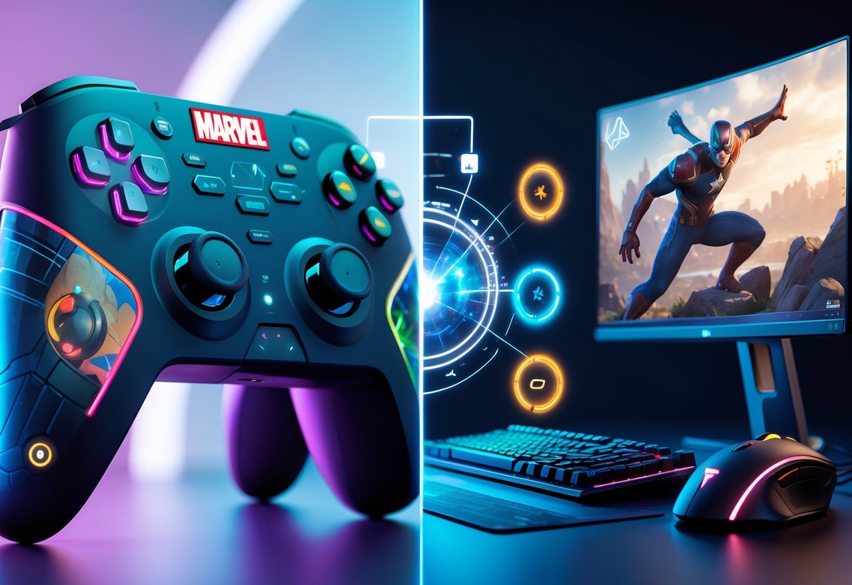 A gaming setup showing a Marvel Rivals controller on one side and a PC setup with keyboard, mouse, and monitor on the other side.