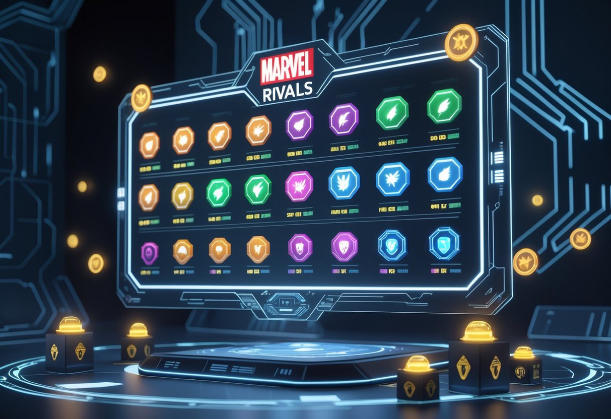 A 3D scene showing a futuristic holographic leaderboard with glowing rank badges and reward icons inspired by Marvel characters in a dark high-tech setting.