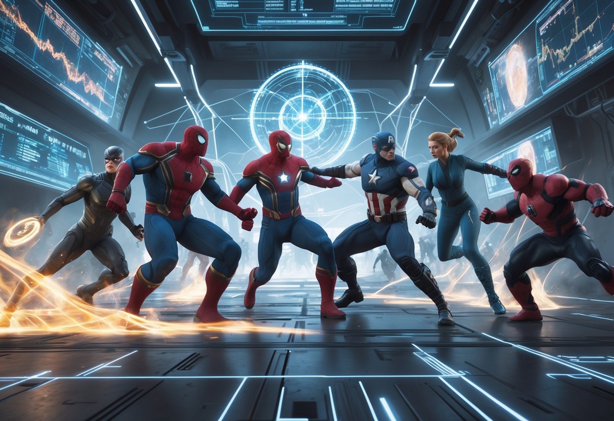 A group of Marvel heroes and villains in an intense battle scene, showing teamwork and powerful abilities in a futuristic environment with glowing effects.