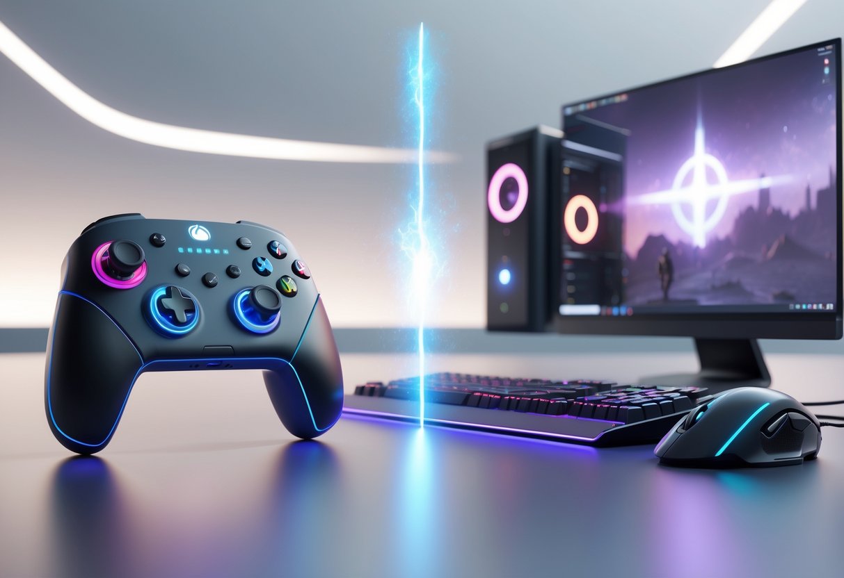 A 3D scene showing a Marvel Rivals game controller on one side and a gaming PC setup with keyboard and mouse on the other, separated by a glowing divide.