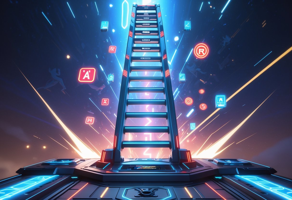 A futuristic metallic ladder with glowing accents ascending into a digital sky with floating holographic rank icons and Marvel-themed energy effects around it.