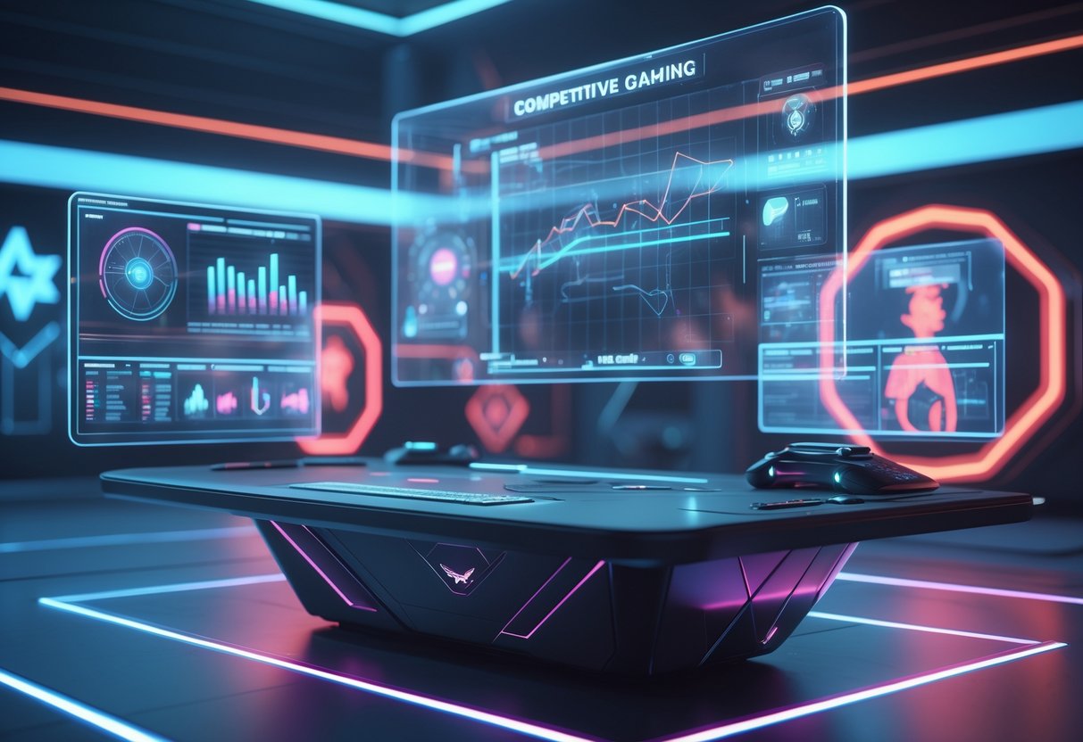 A futuristic room with holographic screens displaying gaming data and hero models, centred around a high-tech table with glowing controls.