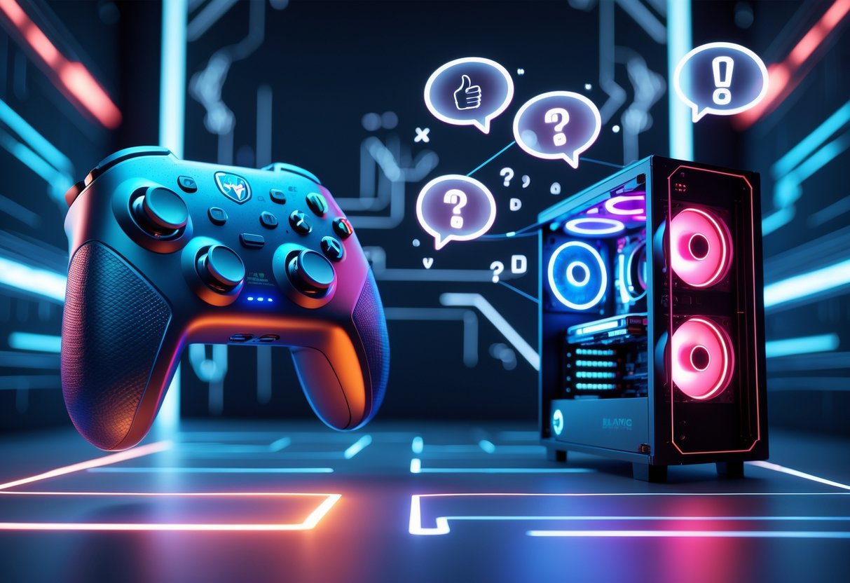 A 3D scene showing a Marvel Rivals game controller and a gaming PC setup facing each other with glowing effects, surrounded by floating icons representing debate and opinions.