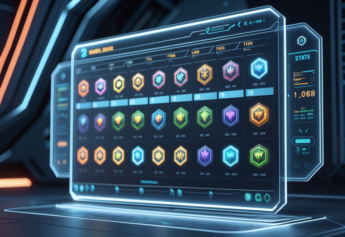 A futuristic digital leaderboard showing different ranks and progress bars with superhero-themed icons in a high-tech environment.
