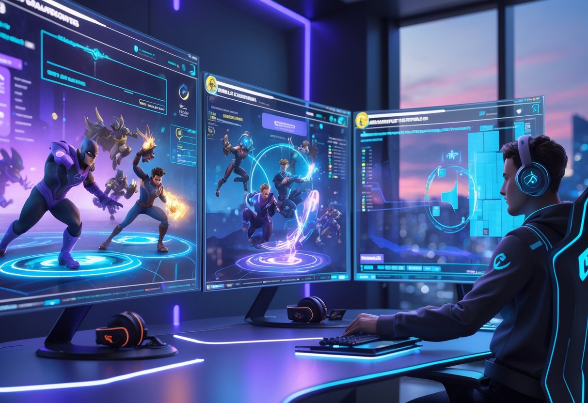 A futuristic esports analysis room with holographic Marvel Rivals characters and data charts showing gameplay strategies.