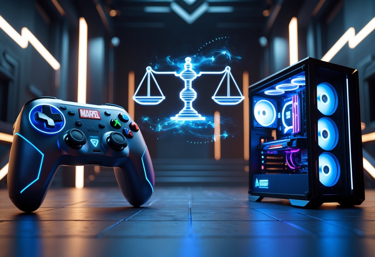 A futuristic scene showing a Marvel Rivals game controller and a high-end gaming PC facing each other with a holographic balance scale between them in a neon-lit gaming arena.