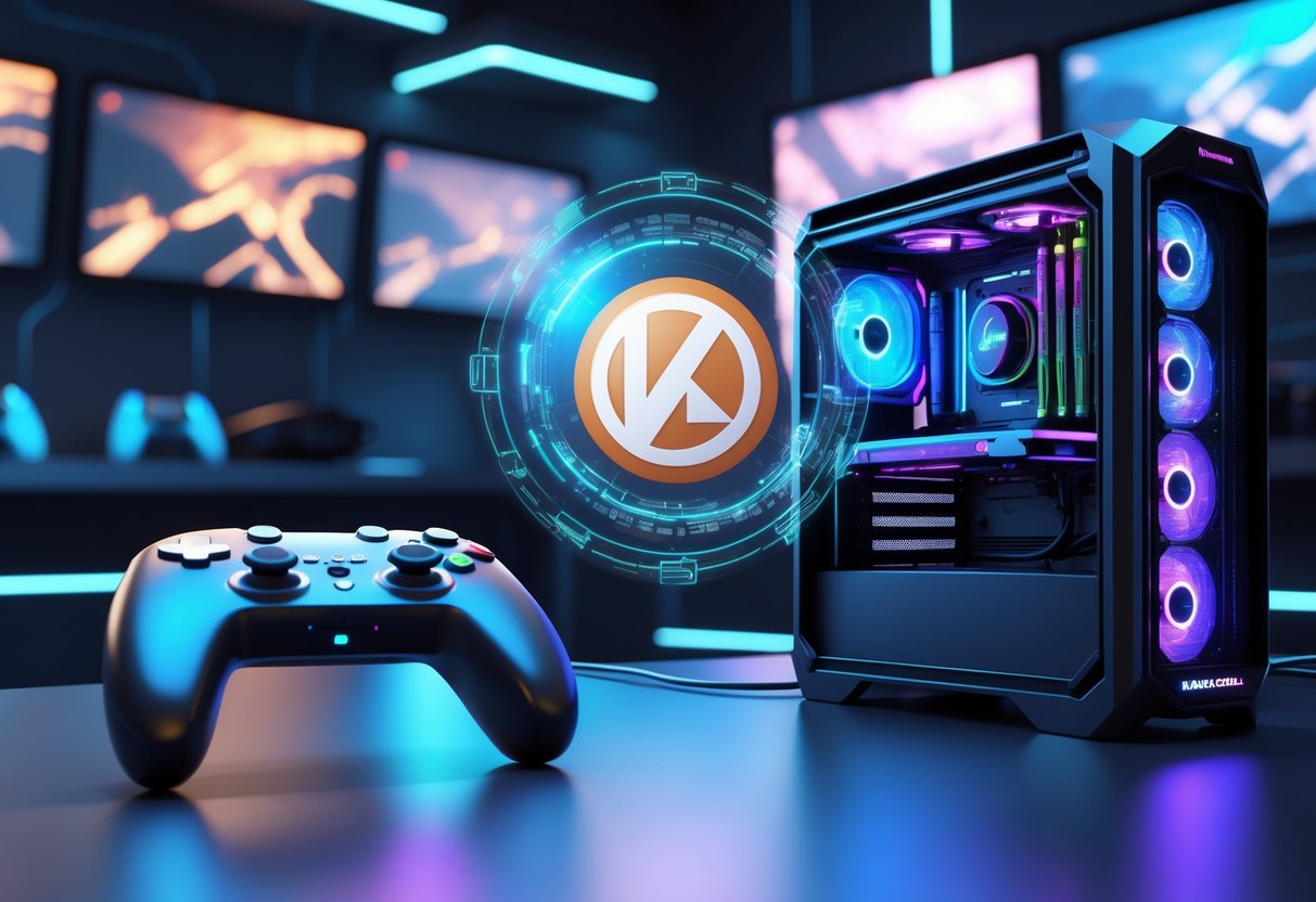 A gaming controller and a gaming PC tower facing each other with a holographic Marvel emblem between them in a futuristic gaming room.