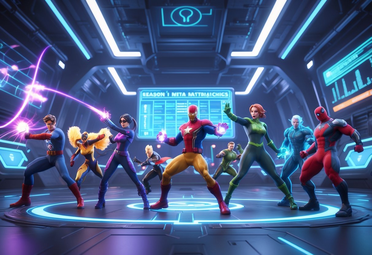 A group of Marvel characters in a high-tech arena, posed in action with glowing effects and holographic displays around them.