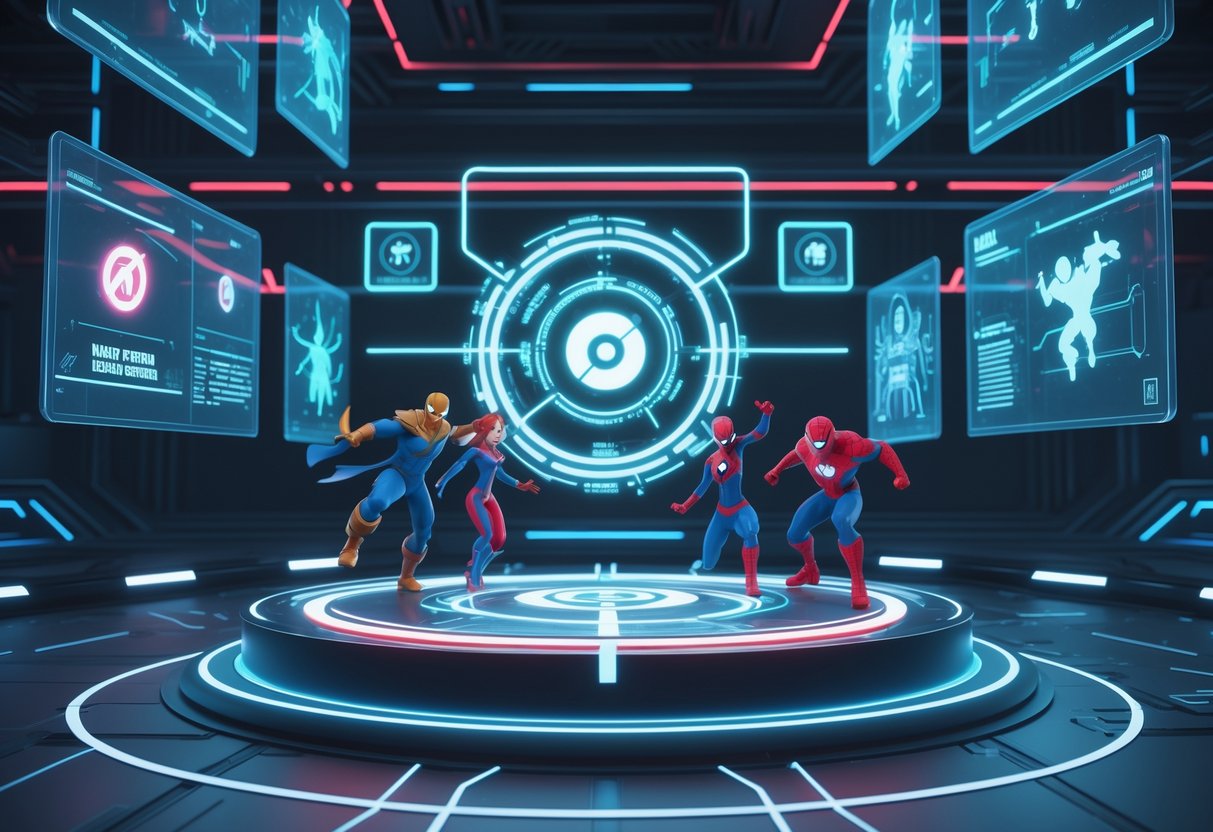 A futuristic digital arena with holographic data displays and glowing platforms surrounded by 3D models of Marvel characters in action poses.