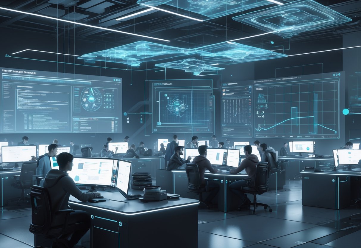 A futuristic game development studio with developers working around holographic interfaces and digital blueprints, showing a tense and focused atmosphere.
