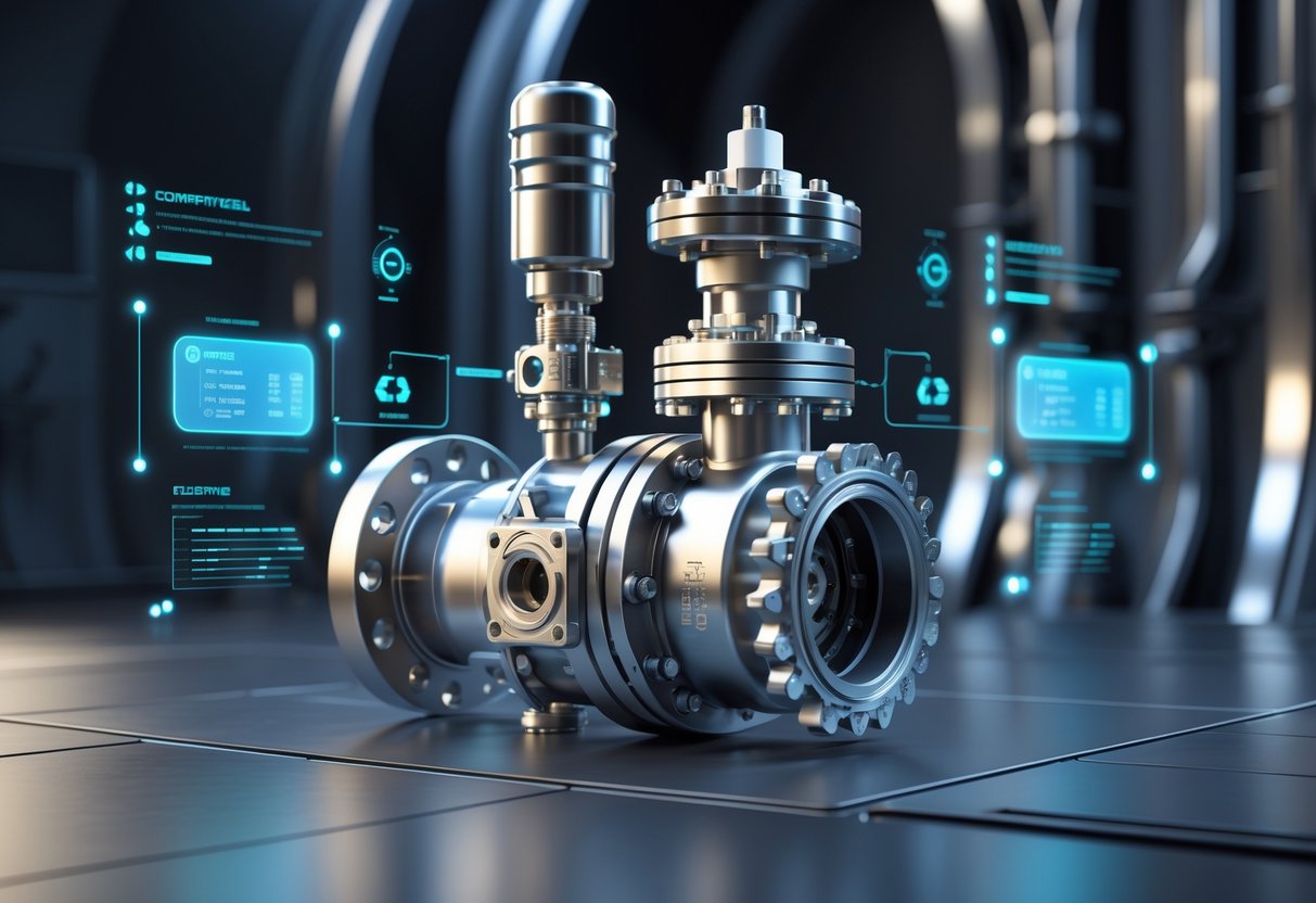 A detailed 3D image of a complex metallic deadlock valve with interconnected pipes and gears in an industrial setting.