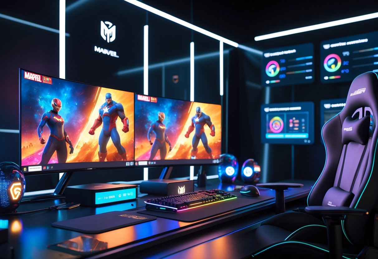 A futuristic gaming setup with multiple monitors displaying Marvel characters, a gaming chair, keyboard, mouse, and holographic performance stats in a dark room with colourful lighting.
