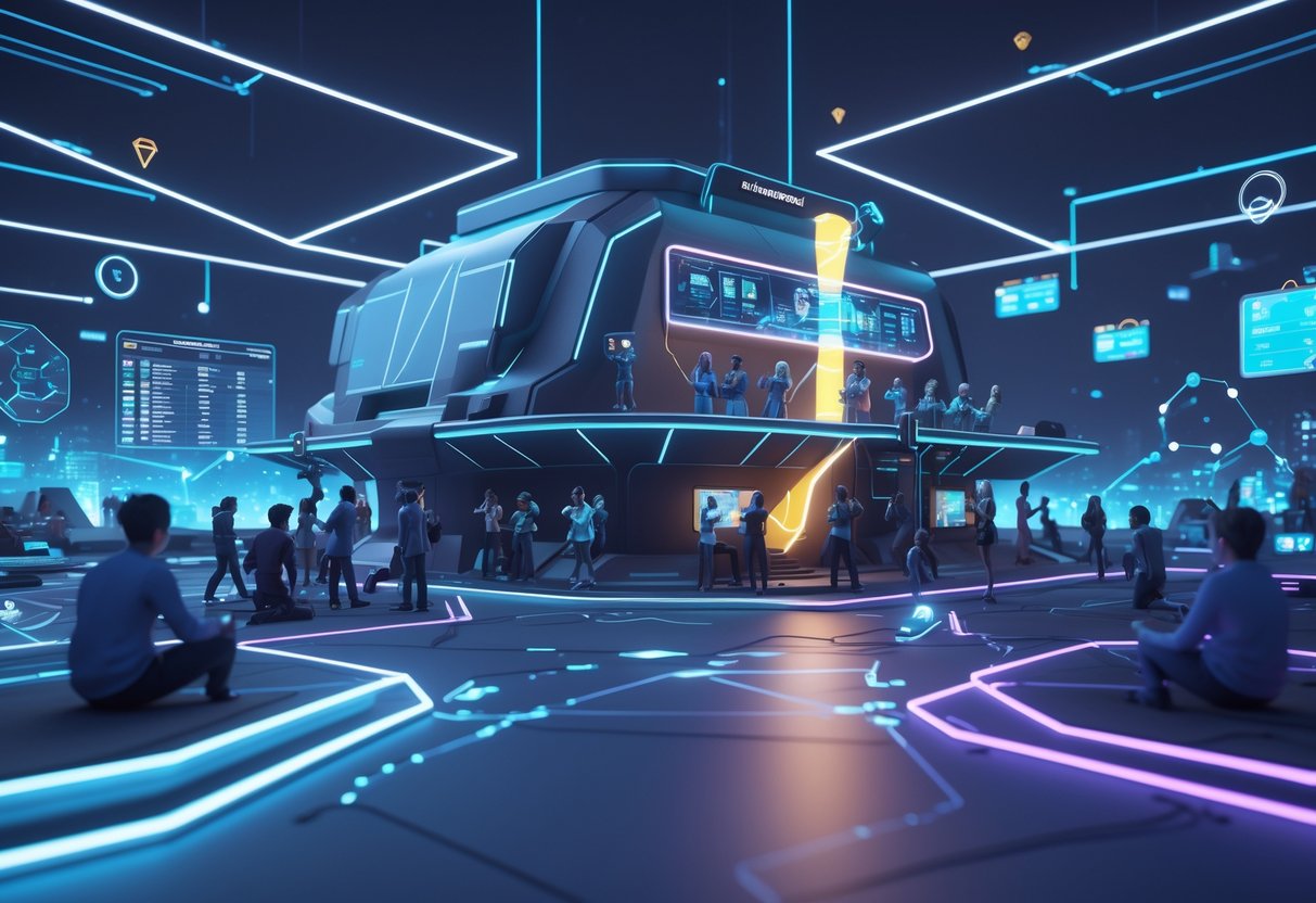 A futuristic player base with digital avatars interacting and holographic displays showing competition and community connections in a high-tech environment.