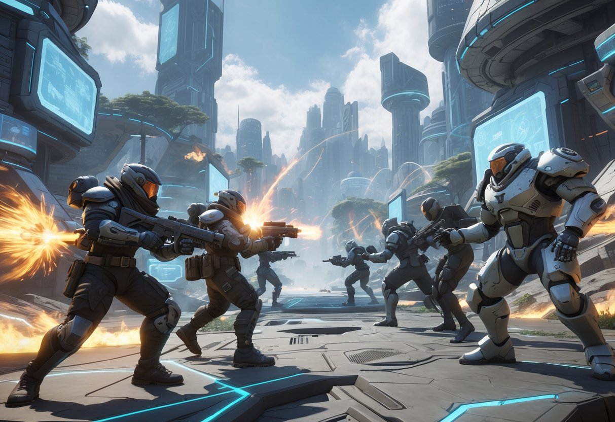 A futuristic battlefield where two teams of soldiers with advanced weapons fight amidst a cityscape with tall buildings and glowing energy sources.