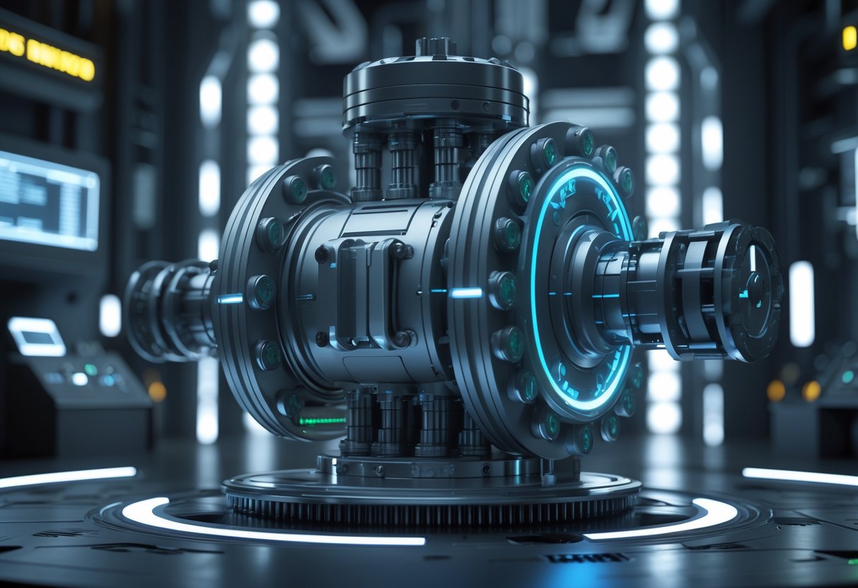 A futuristic industrial valve mechanism with glowing blue energy lines set in a dimly lit factory environment.