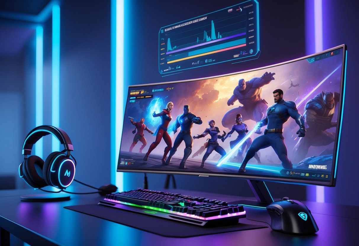 A gaming setup showing a curved monitor with a Marvel Rivals game scene, a mechanical keyboard, gaming mouse, and a holographic interface displaying performance metrics in a dimly lit room.