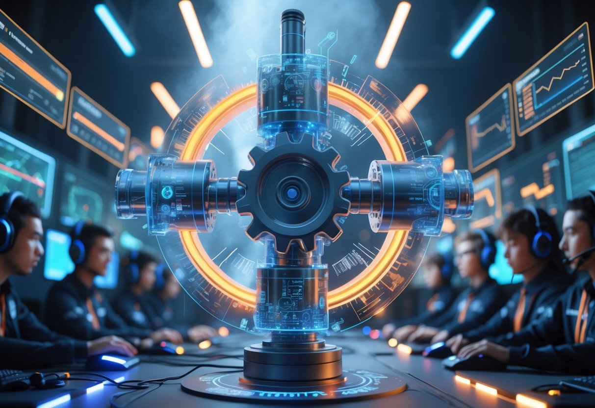 A 3D scene showing a futuristic valve surrounded by esports players at gaming stations with holographic displays and glowing digital elements representing challenges and opportunities in competitive gaming.