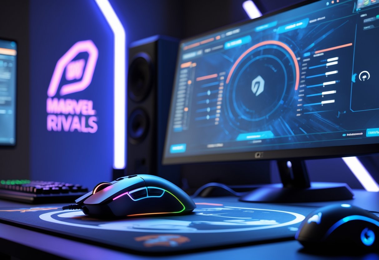 A professional gaming setup showing a gaming mouse on a mousepad with a monitor displaying mouse sensitivity settings and calibration tools in a dimly lit room with ambient lighting.