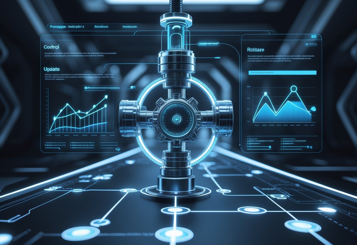 A futuristic digital roadmap with a complex valve mechanism and glowing data visualisations in a high-tech environment.