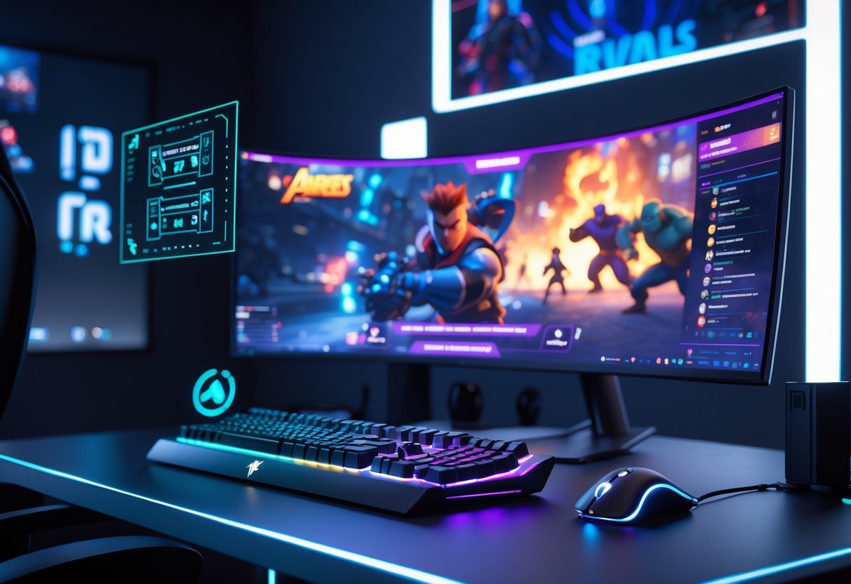 A professional gaming setup showing a keyboard, mouse, and curved monitor displaying Marvel Rivals gameplay with holographic control scheme elements above the desk.