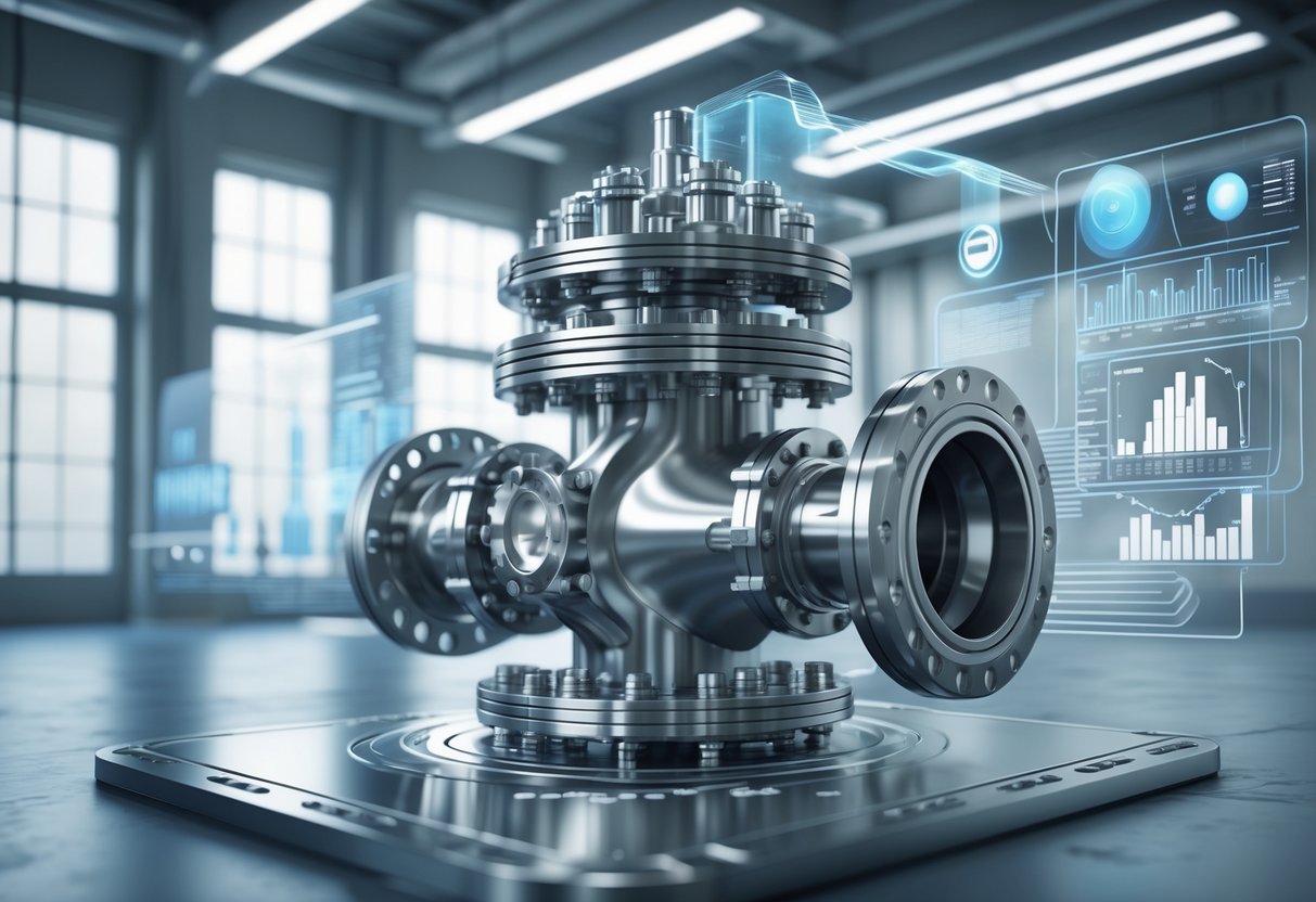 A 3D scene showing a detailed industrial valve mechanism with interconnected pipes and gears in a modern factory setting.