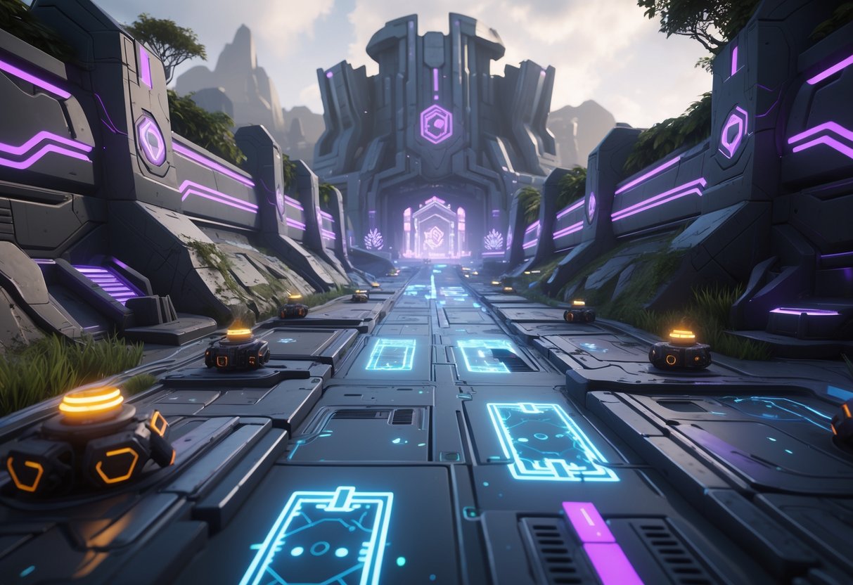 A futuristic game map with three lanes, glowing objectives, turrets, and a central base surrounded by varied terrain and robotic figures.