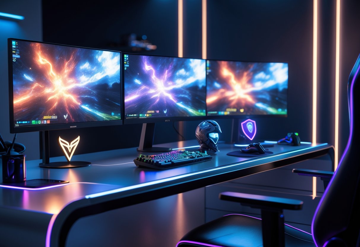 A futuristic gaming setup with multiple monitors showing vibrant game visuals, surrounded by reflective surfaces and coloured LED lighting in a dark room.