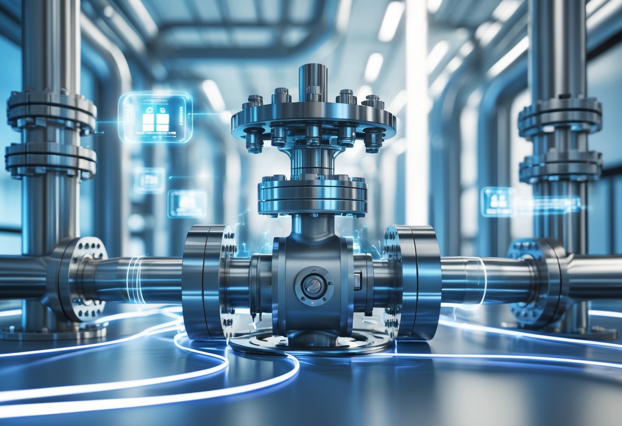 A 3D rendering of a complex industrial deadlock valve connected to pipes inside a futuristic facility with glowing data streams and holographic interfaces.