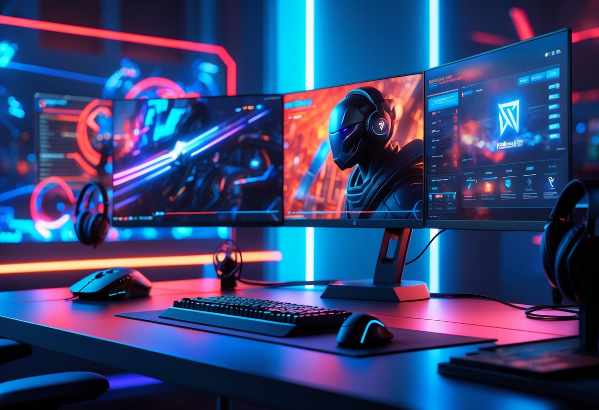 A professional gaming setup with multiple monitors showing Marvel-themed gameplay visuals, a gaming PC with colourful lights, and gaming accessories on a desk.
