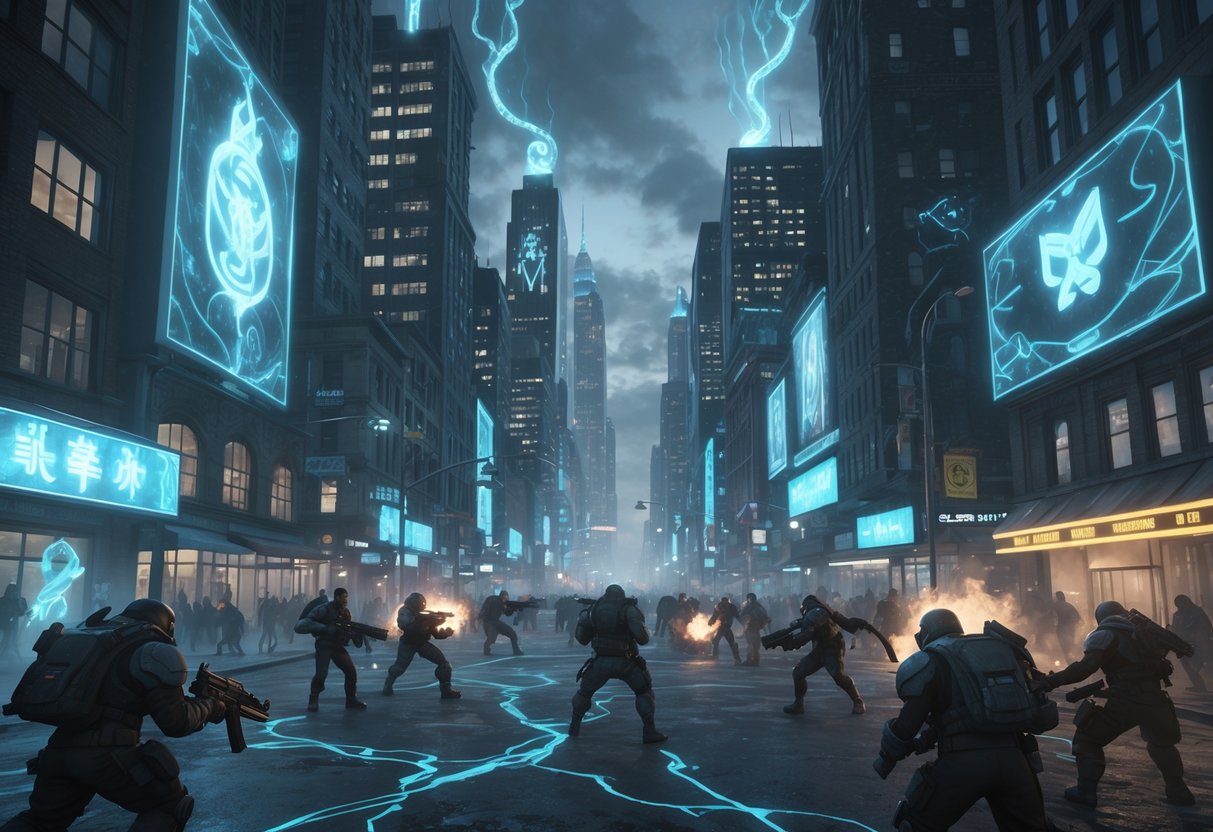 A nighttime city scene showing armed characters with magical powers battling in a glowing, mystical New York City filled with tall buildings and eerie fog.