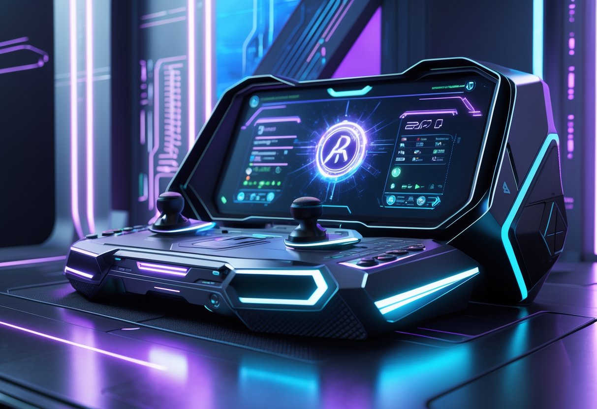 A detailed 3D scene showing a futuristic gaming console with glowing holographic displays and intricate textures in a high-tech environment.
