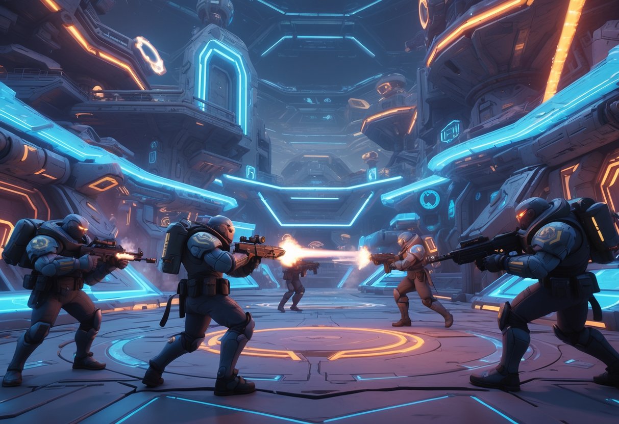 A futuristic battlefield with two teams of sci-fi warriors fighting amid urban ruins and high-tech structures, with glowing energy barriers and advanced weapons.