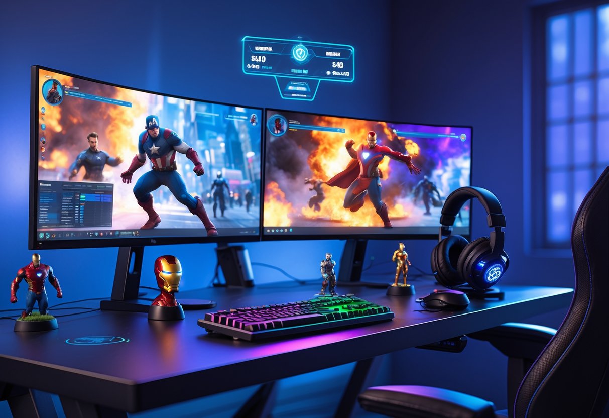 A professional gaming desk with dual monitors showing Marvel Rivals gameplay, surrounded by gaming equipment and Marvel character figurines in a dimly lit room.