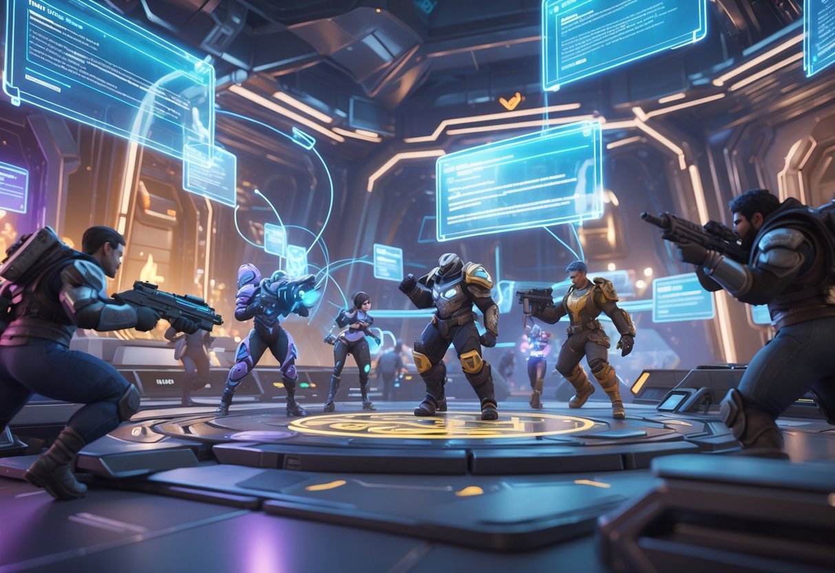 A futuristic virtual arena showing characters playing a hybrid MOBA shooter game with holographic panels representing community feedback and communication.