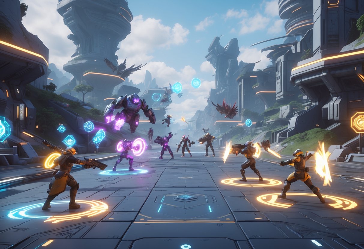 A futuristic battlefield with diverse characters fighting using advanced weapons and abilities, set in a mix of urban and natural environments with glowing effects and tactical holograms.