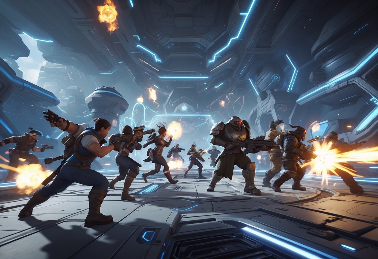A group of futuristic heroes fighting intensely in a high-tech arena with glowing energy points and multiple lanes.