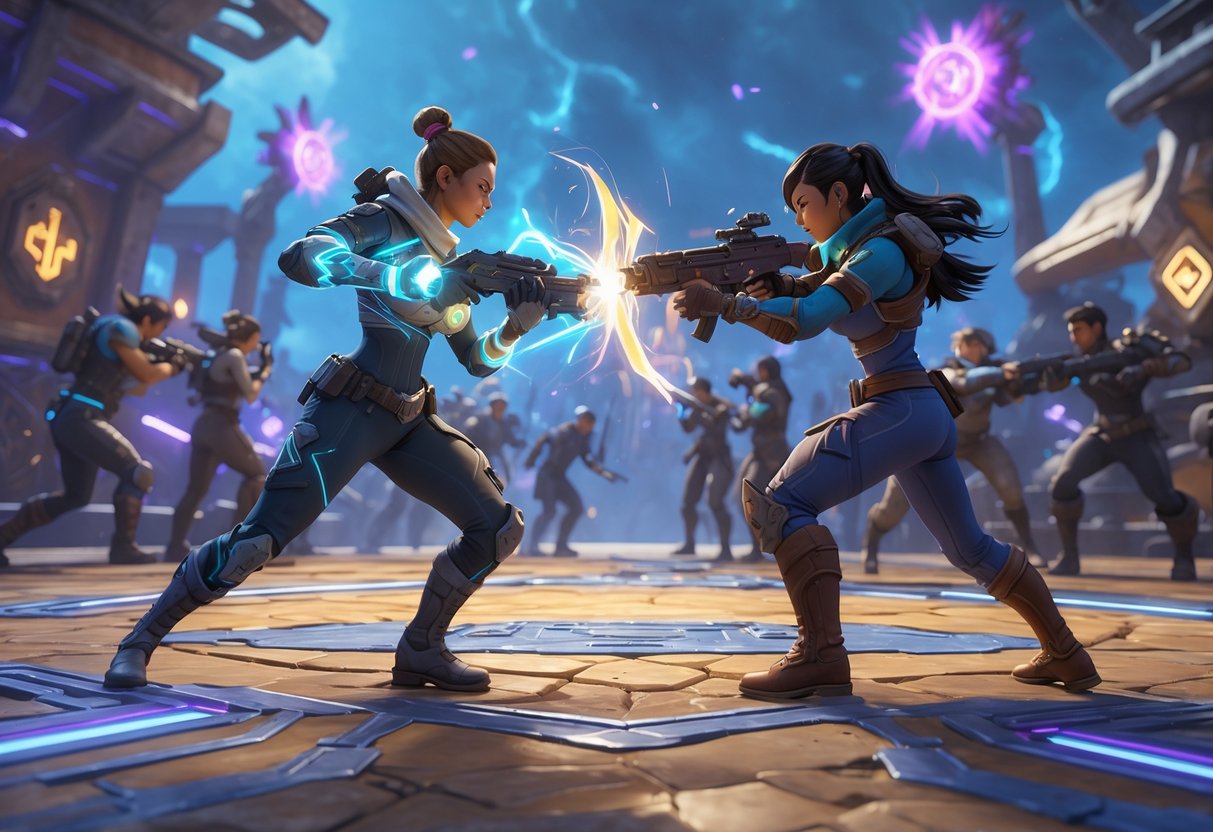 Two futuristic heroes engaged in intense combat on a detailed battle arena with sci-fi structures and glowing energy barriers, while a team fights in the background.