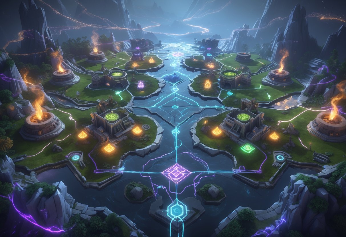 A 3D scene showing a symmetrical battle arena with two bases connected by three lanes, featuring forests, rivers, towers, and mechanical structures representing game objectives.