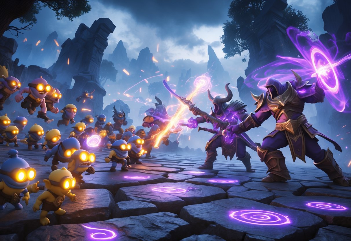 A fierce battle between small fantasy creatures and powerful heroes on a mystical battlefield with magical effects and ancient ruins.