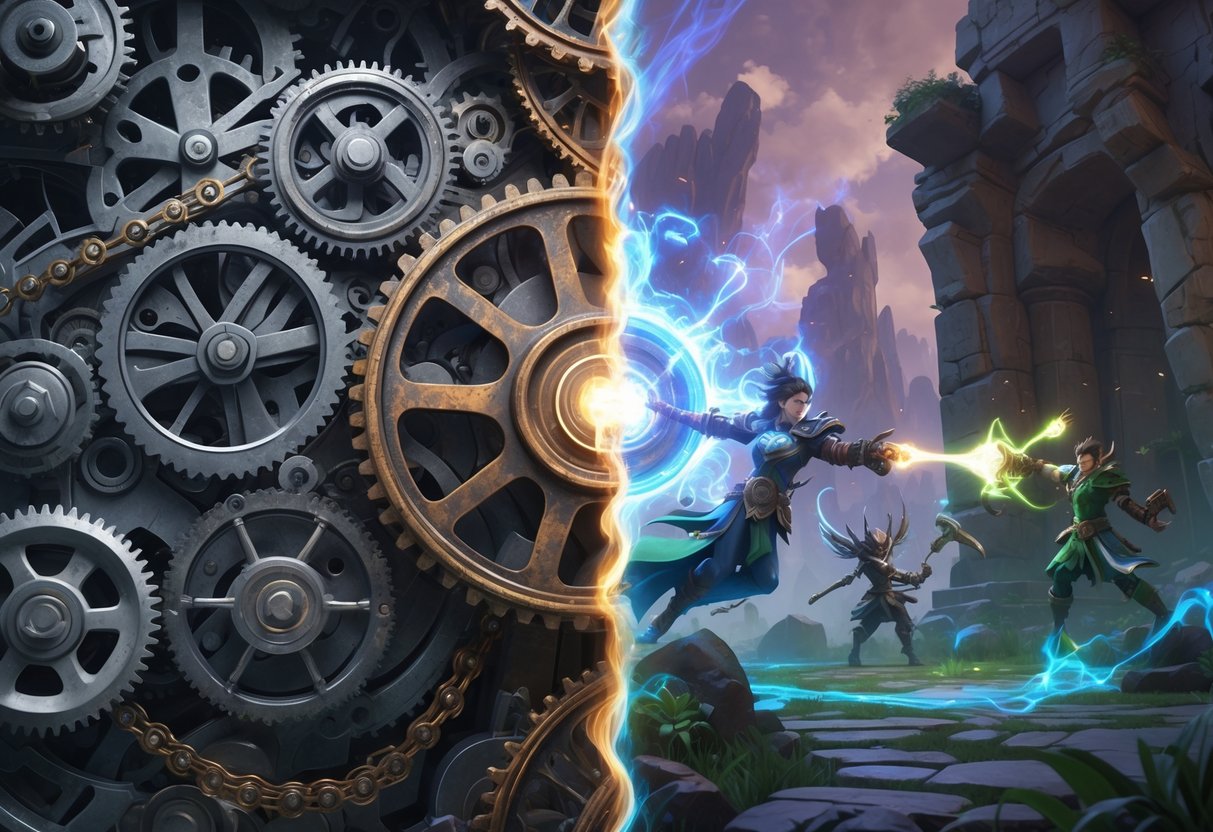 A split scene showing mechanical gears stuck on one side and fantasy game characters casting spells on the other, connected by a glowing energy core.