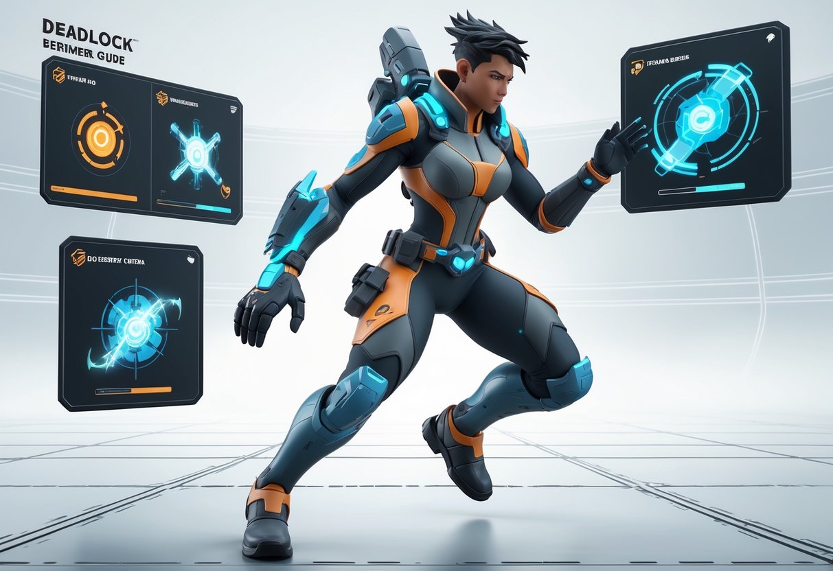 A futuristic hero in high-tech armour posed dynamically with glowing gadgets and holographic panels showing abilities in a digital training arena.