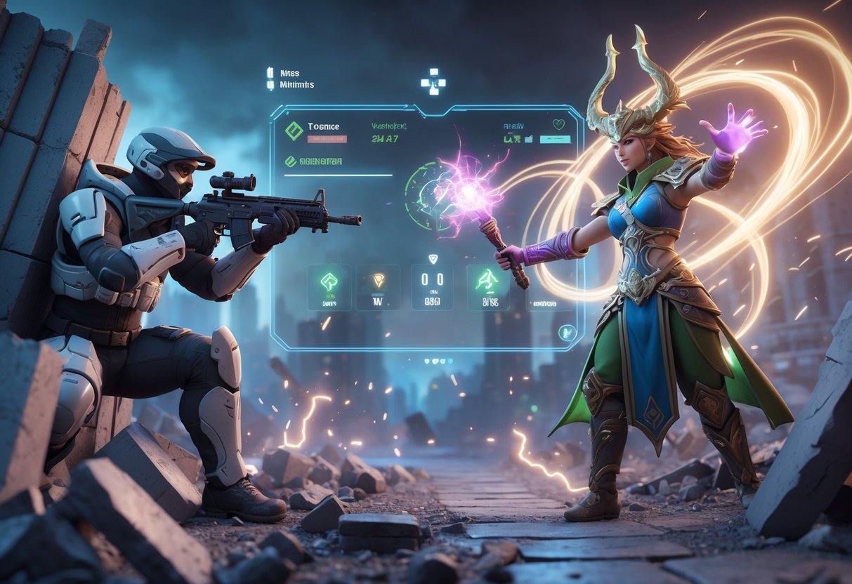 A futuristic soldier aiming a rifle behind cover faces a magical hero casting a spell on a hybrid battlefield combining urban ruins and mystical forest.
