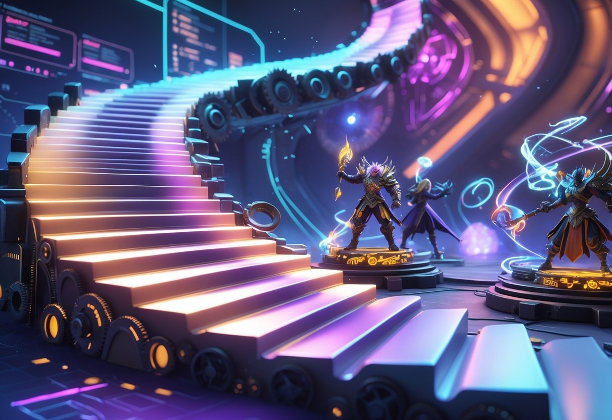 A 3D scene showing a glowing curved pathway representing a learning curve next to interlocking mechanical gears symbolising a deadlock, with miniature figures of fantasy heroes casting spells and battling on the opposite side.